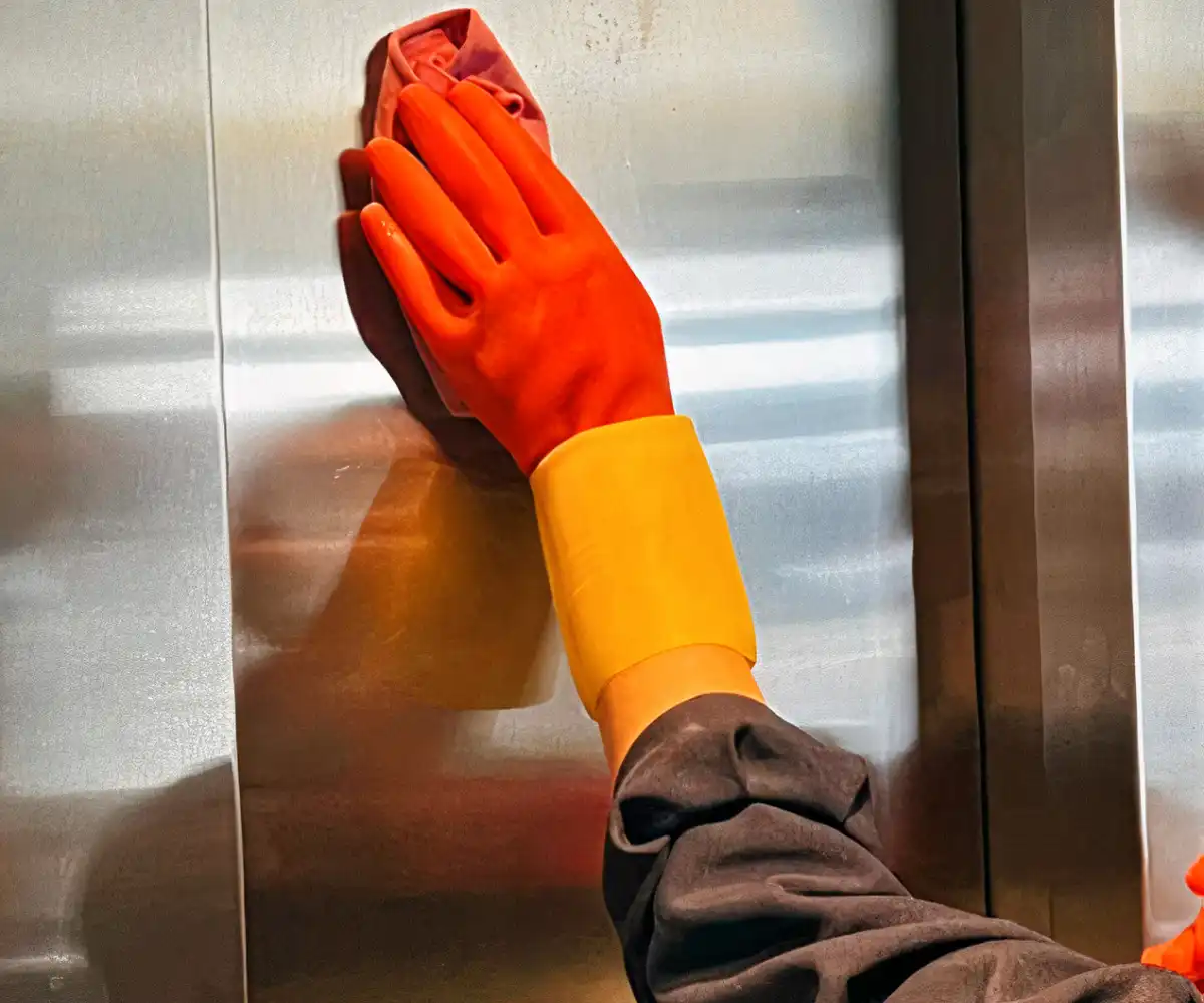 Trabajadora de limpieza limpiando el ascensor de un edificio